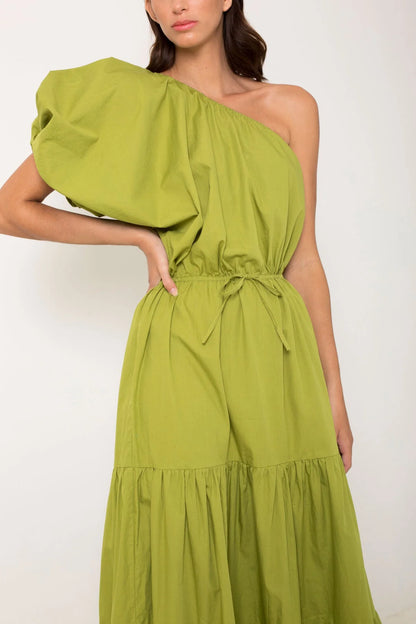 ONE SHOULDER PUFF SLEEVE MAXI - AGAVE - Leela Rose Boutique