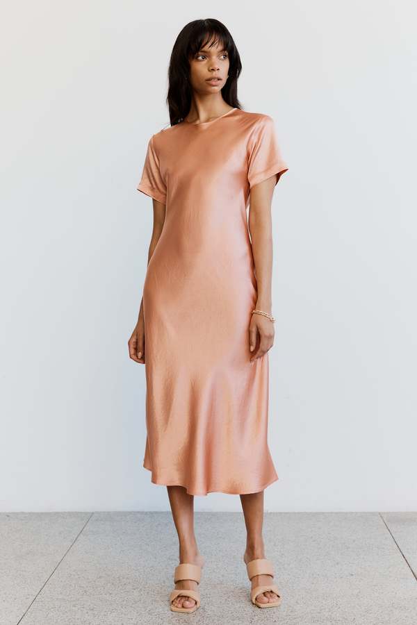 CRUSH BIAS TEE MIDI DRESS - GUAVA - Leela Rose Boutique