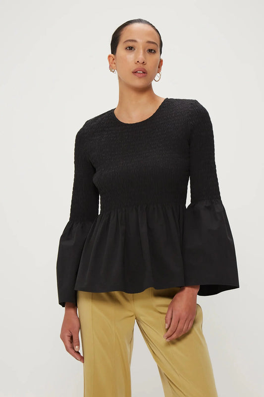 FULL FORM SHIRRED BLOUSE - BLACK - Leela Rose Boutique