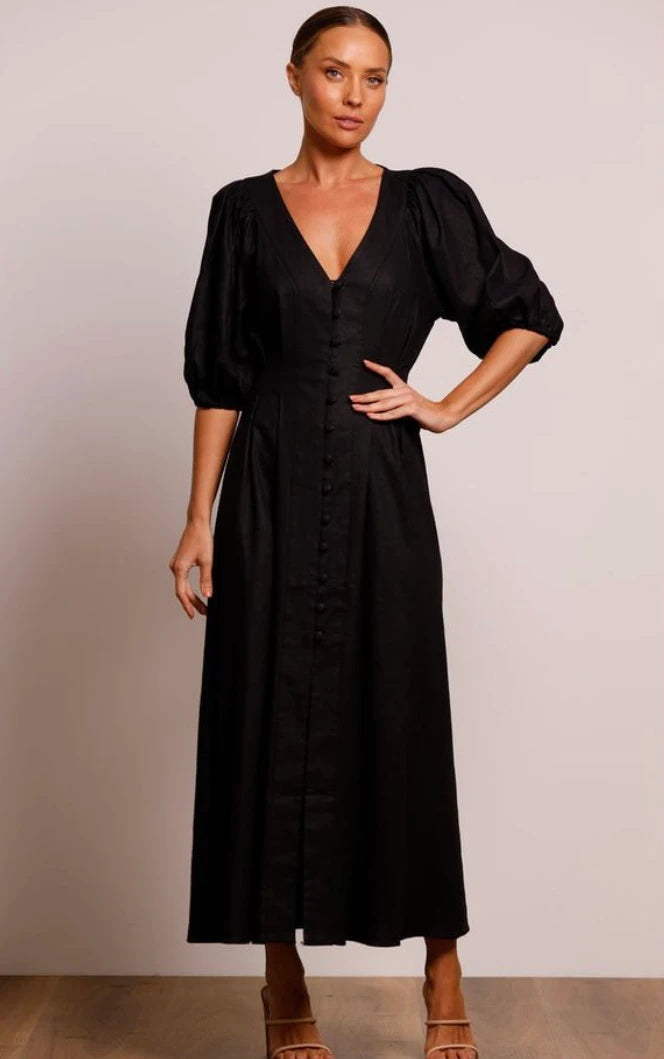 MEADOWS BUTTON MIDI - BLACK - Leela Rose Boutique