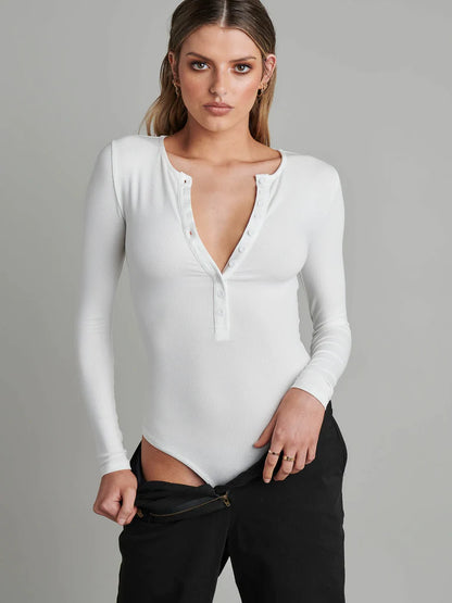 LONG SLEEVE CREW NECK BUTTON DOWN BODYSUIT - WHITE - Leela Rose Boutique