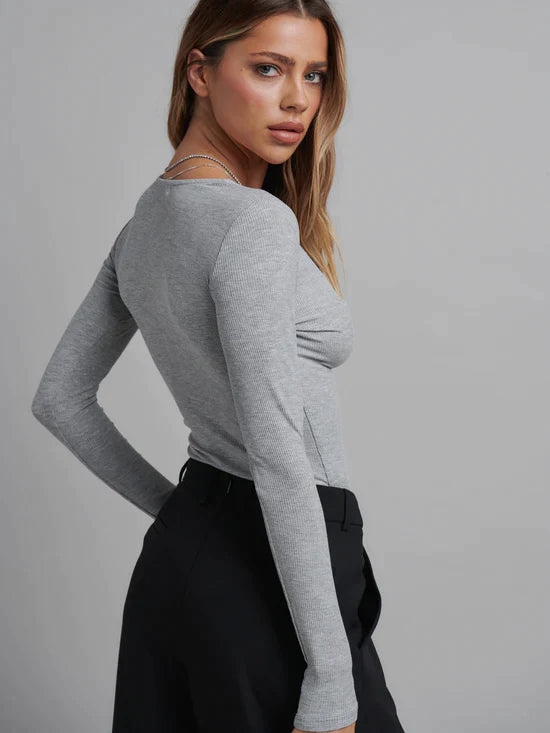 LONG SLEEVE CREW NECK BUTTON DOWN BODYSUIT - GREY MARLE - Leela Rose Boutique