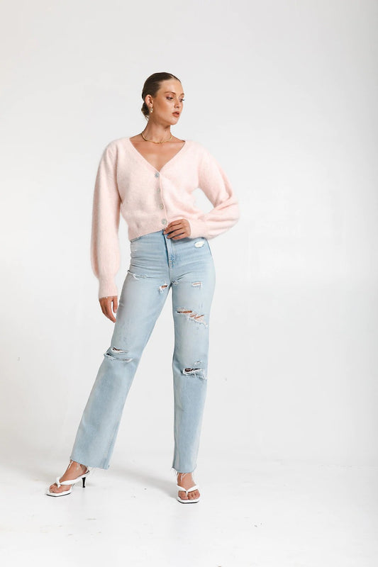 CROPPED FLUFFY BALLOON SLEEVE CARDIGAN - PEACHY PINK - Leela Rose Boutique