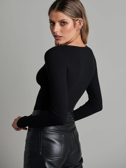 LONG SLEEVE CREW NECK BUTTON DOWN BODYSUIT - BLACK - Leela Rose Boutique