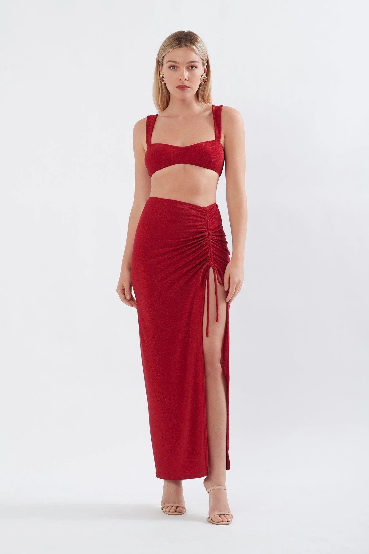 RUCHED MAXI SKIRT - RED SHIMMER - Leela Rose Boutique