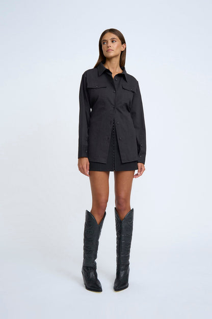 LIONA LACE UP SHIRT - BLACK - Leela Rose Boutique